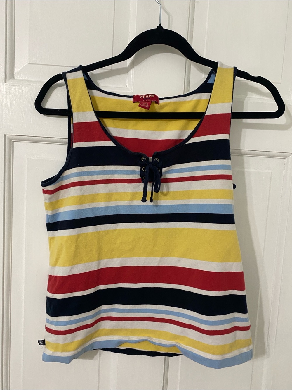 Chaps Striped Lace-Up Tank Top - Yellow, Navy, Red, Light Blue, White